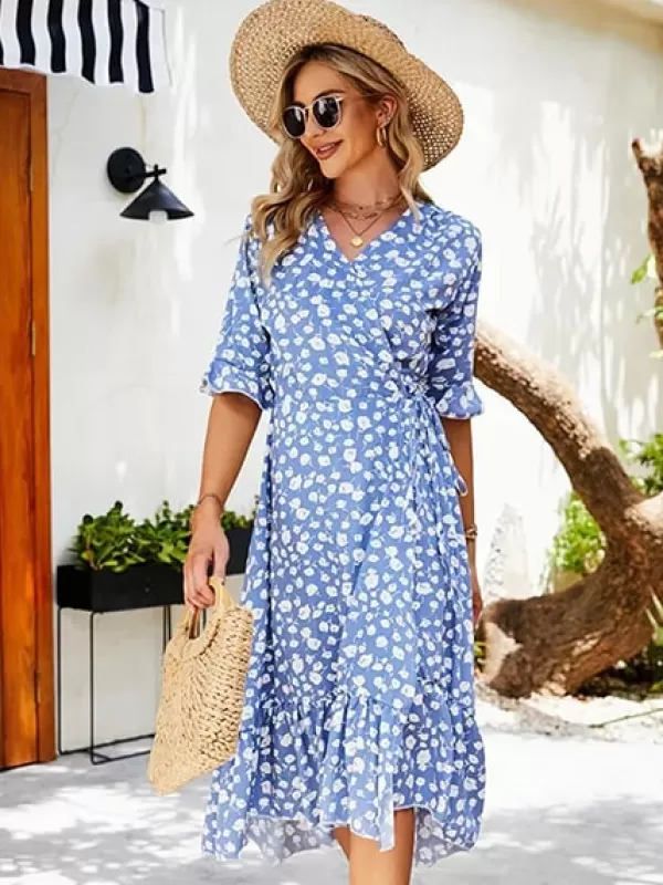 Princesse Fleurie Robe Bleu à Fleurs Blanches Shop
