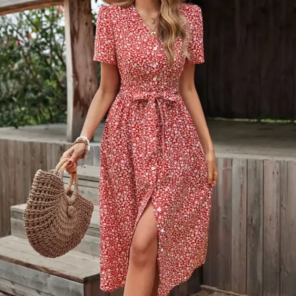 Princesse Fleurie Robe Fleurie Rouge Boutonnée Sale