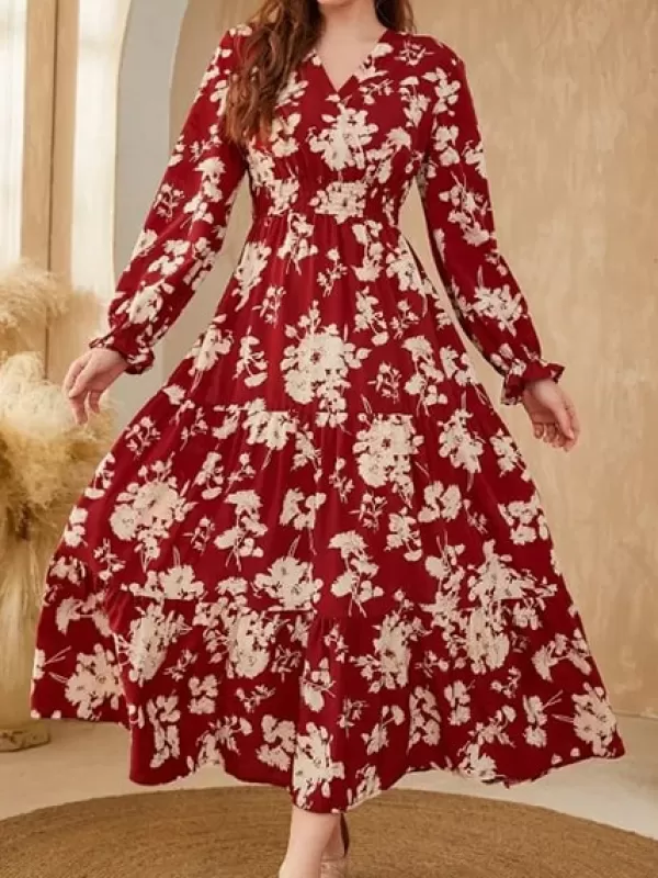 Princesse Fleurie Robe Fleurie Rouge Manches Longues Fashion